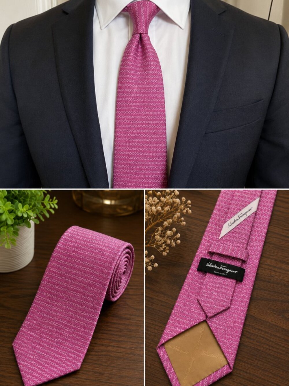 Salvatore Ferragamo Pink Silk Tie Geometric Gancini Diamond Print